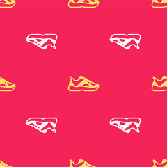 Poster - Yellow Fitness sneakers shoes for training, running icon isolated seamless pattern on red background. Sport shoes. Vector