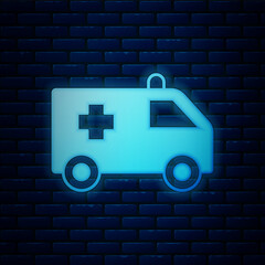 Canvas Print - Glowing neon Ambulance and emergency car icon isolated on brick wall background. Ambulance vehicle medical evacuation. Vector