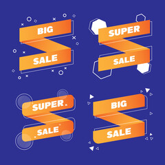 Poster - Set of Four Sale Banners in Memphis Style With Shapes in Orange Colors on Blue Background. Flat Vector Illustration