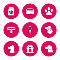 Poster - Set Pets vial medical, Dog house, Cat, Collar with name tag, Paw print and Bag of food for pet icon. Vector