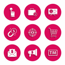 Set Target With Dollar, Megaphone And, Trademark, Shopping Cart, Envelope Coin, Magnet Money, Monitor And Hand Touch Tap Gesture Icon. Vector