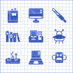 Poster - Set Monitor with keyboard, Laptop, School backpack, UFO flying spaceship, Gamepad, Book, Audio jack and icon. Vector