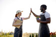 © Roman - black man and caucasian woman engineers give high five to each other after successful inspecting greenhouse organic farm business construction. Multi-sex farmers. Man and woman. Agronomy concept