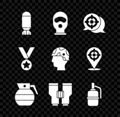 Sticker - Set Aviation bomb, Balaclava, Target sport, Hand grenade, Binoculars, Military reward medal and Army soldier icon. Vector