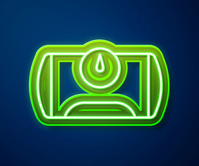 Sticker - Glowing neon line Gas tank for vehicle icon isolated on blue background. Gas tanks are installed in a car. Vector