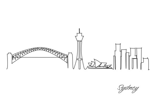 City silhouette Sydney in pen line style drawing with black lines on white background. Continuous line drawing