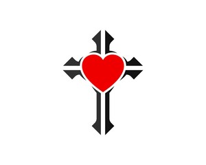 Poster - Abstract religion cross symbol with red love shape inside