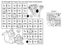 Maze Or Labyrinth Game. Puzzle. Coloring Page Outline Of Cartoon Squirrel With Basket Of Mushrooms. Tree Hollow. Coloring Book For Kids.