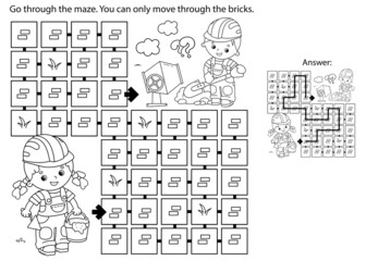 Wall Mural - Maze or Labyrinth Game. Puzzle. Coloring Page Outline Of cartoon builders with cement mortar and trowel. Construction. Profession. Coloring book for kids.