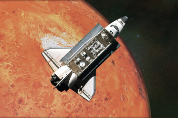 Wall Mural - flying space shuttle close to the mars planet of solar system. north pole of the mars planet. 3d ren