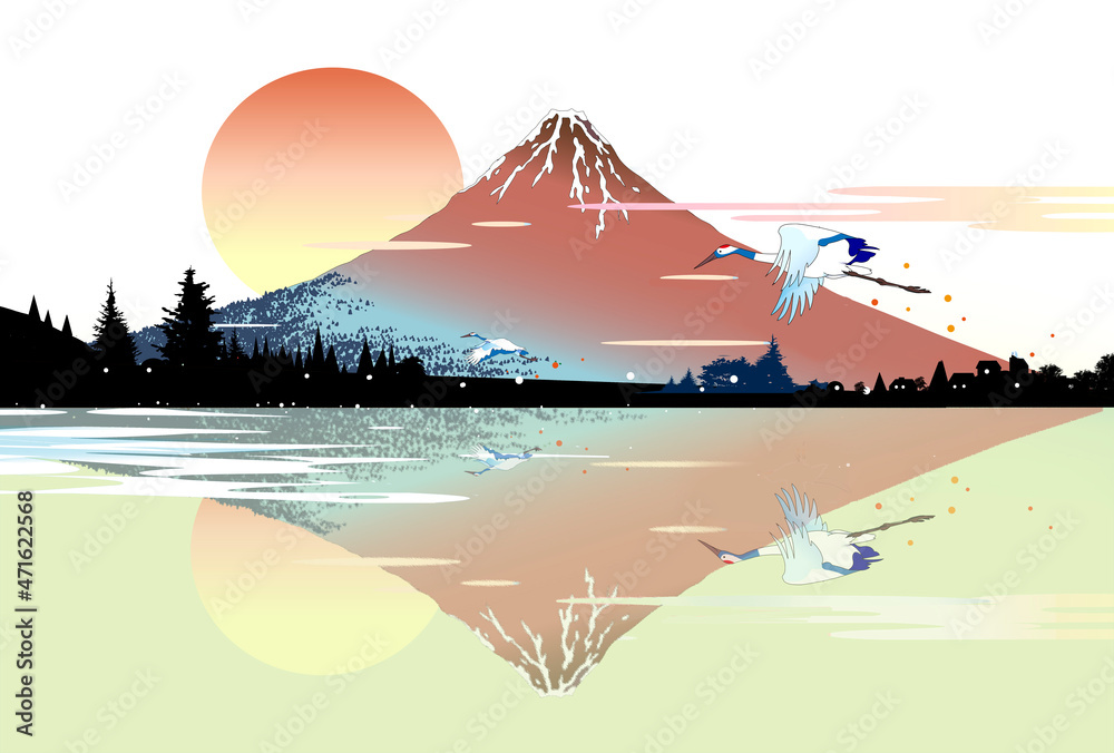 逆さ富士の風景 パステル画 原画