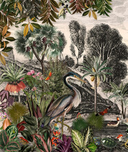 Wallpaper Jungle Tropical Forest Banana Palm Tropical Birds Egrets Wild Ducks In Rivers Frog Ancient Water Vintage Painting-1