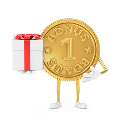 Aufkleber - Golden Loyalty Program Bonus Coin Person Character Mascot with Gift Box and Red Ribbon. 3d Rendering