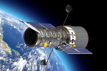 Poster - Space Telescope Hubble in Open Space near Planete Earth. Elements of this image furnished by NASA. 3d Rendering