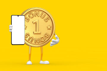 Fototapete - Golden Loyalty Program Bonus Coin Person Character Mascot and Modern Mobile Phone with Blank Screen for Your Design. 3d Rendering