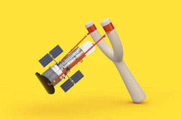 Poster - Space Telescope Hubble Start from Danger Wooden Slingshot Toy Weapon. 3d Rendering