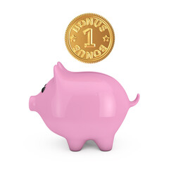 Aufkleber - Golden Loyalty Program Bonus Coin with Pink Piggy Bank. 3d Rendering
