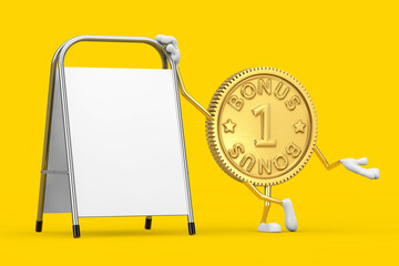 Poster - Golden Loyalty Program Bonus Coin Person Character Mascot with White Blank Advertising Promotion Stand. 3d Rendering