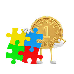Poster - Golden Loyalty Program Bonus Coin Person Character Mascot with Four Pieces of Colorful Jigsaw Puzzle. 3d Rendering