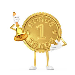 Poster - Golden Loyalty Program Bonus Coin Person Character Mascot with Vintage Golden School Bell. 3d Rendering
