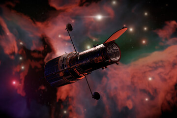 Poster - Silhoette of Space Telescope Hubble in Open Space. 3d Rendering