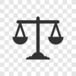 Law scales icon. Justice scale Law balance symbol. Libra sign flat design. Vector illustration isolated on transparent background.