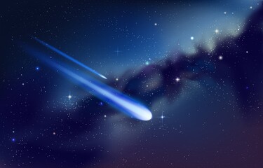 Wall Mural - Falling star background. Realistic starry night sky with shooting comet and nebula. Meteor or asteroid with light tails. Galactic panorama. Outer space. Vector cosmos wallpaper mockup