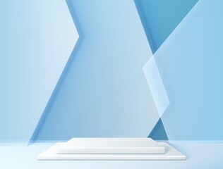 Poster - Product stand background. Realistic empty platform for goods display and museum exhibition. Abstract studio render with pedestal. Vector square white podium and blue geometric backdrop