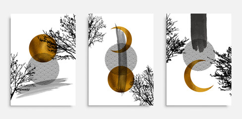 Japanese background with Gold texture in circle shape vector. Moon and sun with hand drawn shapes. Template design.