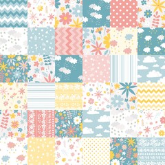 Wall Mural - Cute seamless patchwork pattern from square patches with flowers, clouds, and geometric ornaments. Print for fabric. Quilt design for children room.