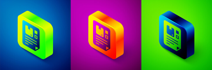 Canvas Print - Isometric Waybill icon isolated on blue, purple and green background. Square button. Vector