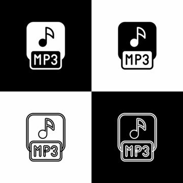 Set MP3 file document. Download mp3 button icon isolated on black and white background. Mp3 music format sign. MP3 file symbol. Vector