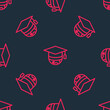 © Iryna - Red line Graduation cap on globe icon isolated seamless pattern on black background. World education symbol. Online learning or e-learning concept. Vector