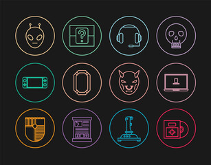 Canvas Print - Set line CD or DVD disk in box, Laptop, Headphones, Poker table, Portable video game console, Alien, Mask of the devil with horns and Mystery random icon. Vector