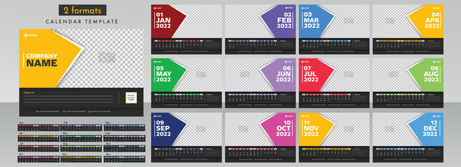 Sticker - Two Formats Complete Set Of 2022 Yearly Calendar Template Layout With Space For Image Or Notes.