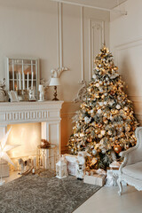 Wall Mural - Stylish interior of a bright living room with a decorated Christmas tree