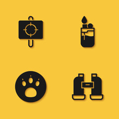 Sticker - Set Target sport, Binoculars, Paw search and Lighter icon with long shadow. Vector