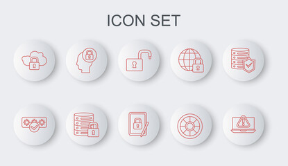 Fototapete - Set line Laptop with exclamation mark, Password protection, Open padlock, Safe, Cloud computing, Human head, Server security and Tablet closed icon. Vector