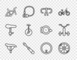 © vector_v - Set line Bicycle seat, wheel, handlebar, Screwdriver, frame, Unicycle or one bicycle, and for kids icon. Vector