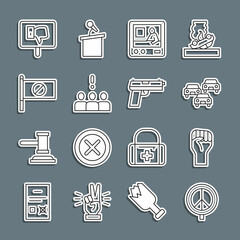 Sticker - Set line Peace, Raised hand with clenched fist, Traffic jam, Television report, Crowd protest, Protest, and Pistol gun icon. Vector