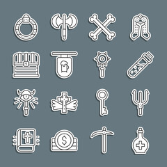 Wall Mural - Set line Bottle with potion, Neptune Trident, Crossed human bones, Street signboard Bar, Chest, Magic stone ring and Medieval chained mace ball icon. Vector