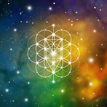 Sacred Geometry Tree Of Life Ancient Symbol Vector Illustration With Golden Ratio Numbers, Flower Of Life Interlocking Circles And Particles In Front Of Outer Space Background. 