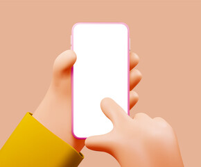 Smartphone in cartoon hand mockup with blank white screen and forefinger touching it isolated on beige background. Vector illustration