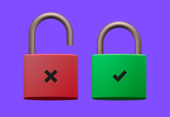 Security lock concept of safety or protection with open red and locked green 3d rendered lock isolated on purple background. Vector illustration