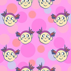 Wall Mural - Cute And Fun Little Girl's Faces Vector Seamless Pattern In Bright Pink