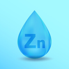 Wall Mural - Realistic Mineral drop Zn Zinc design. Blue nutrition design for beauty, cosmetic, heath advertising. Zn Zinc Mineral design