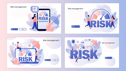 Wall Mural - Risk management. Risk assessment. Risk levels knob. Business concept. Tiny people evaluate risk. Screen template for landing page, template, ui, web, mobile app, poster, banner, flyer. Vector 