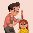 Vector illustration of little girl getting a haircut at the hairdresser's.