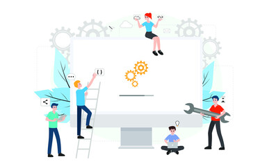 Fototapete - IT administrator with software upgrade process on laptop. Digital system device administration, network upkeeping, computer systems configuration concept. System maintenance application vector.