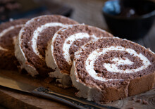 Delicious Chocolate Roll Cake With White Cream, Homemade Baked Dessert